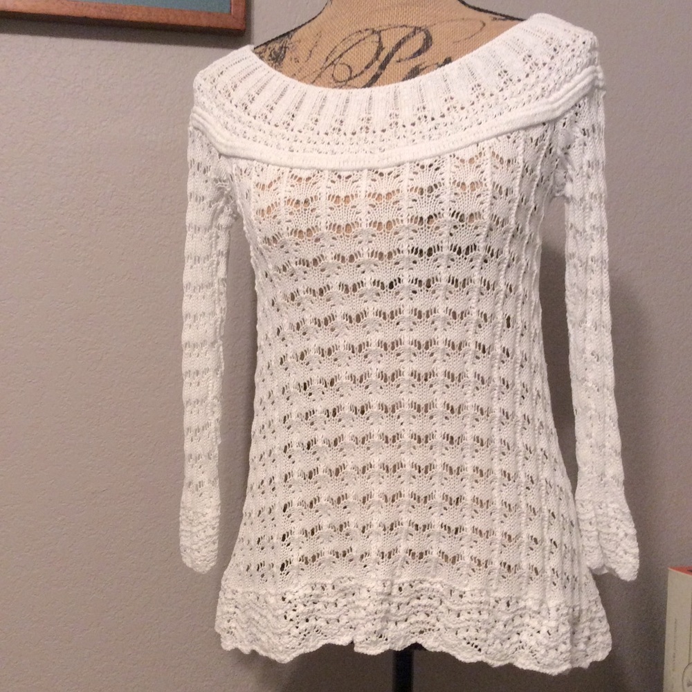 Vintage America white crochet cotton loose knit wide scoop neck Summer sweater S